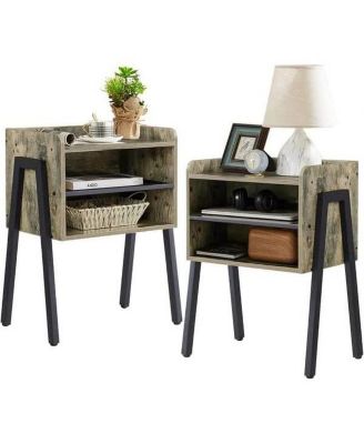 Set of 2 Modern Wood Side Tables with Metal Frames