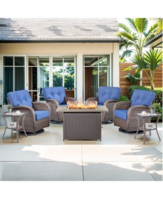 7-Piece Patio Furniture Set with 50,000 BTU Fire Pit Table, Swivel Rocking Chairs and Wicker Bistro Seating Chairs