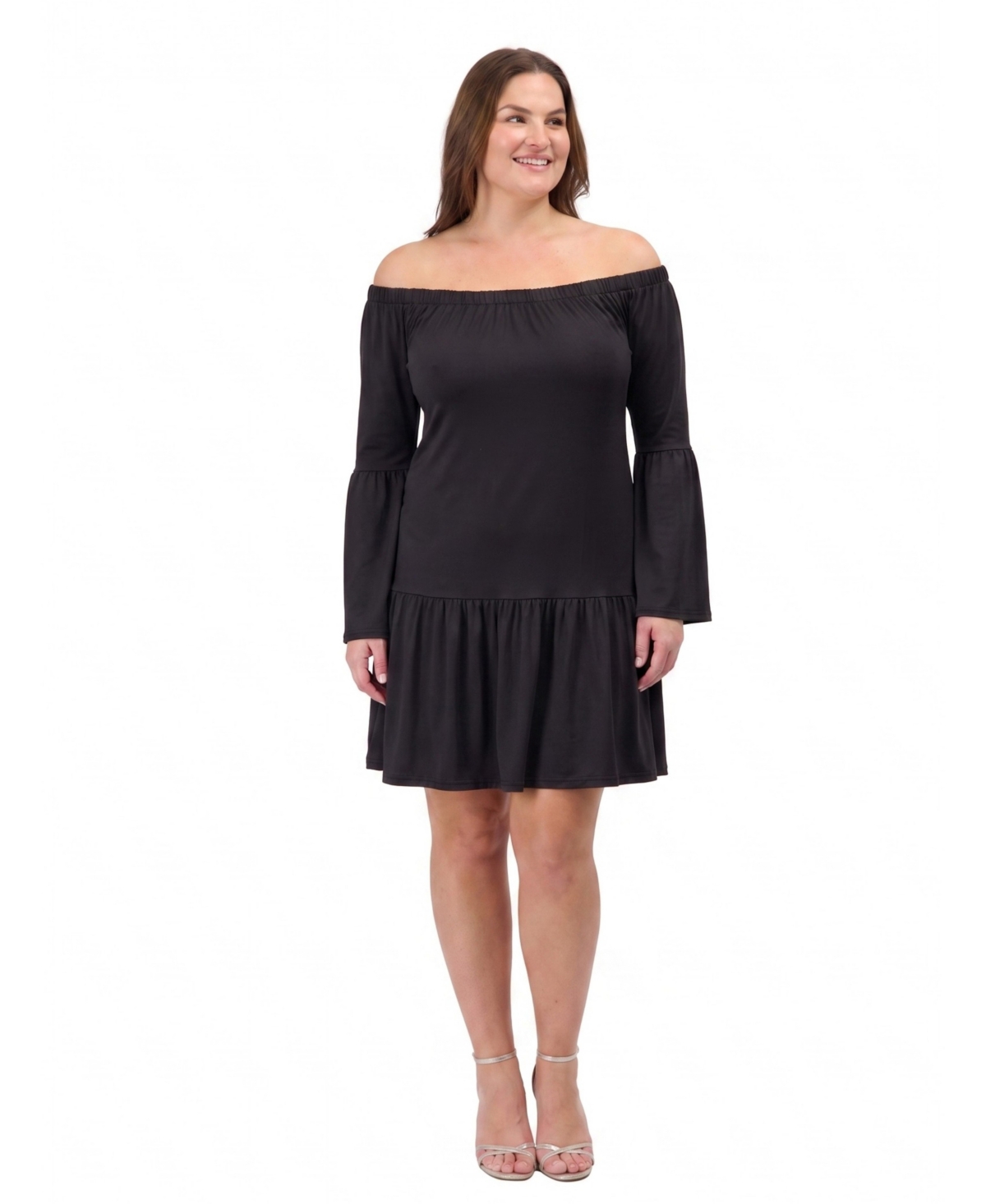 24seven Comfort Apparel Plus Size Off-the-Shoulder Long-Sleeve Bell-Sleeve Mini Dress - Black