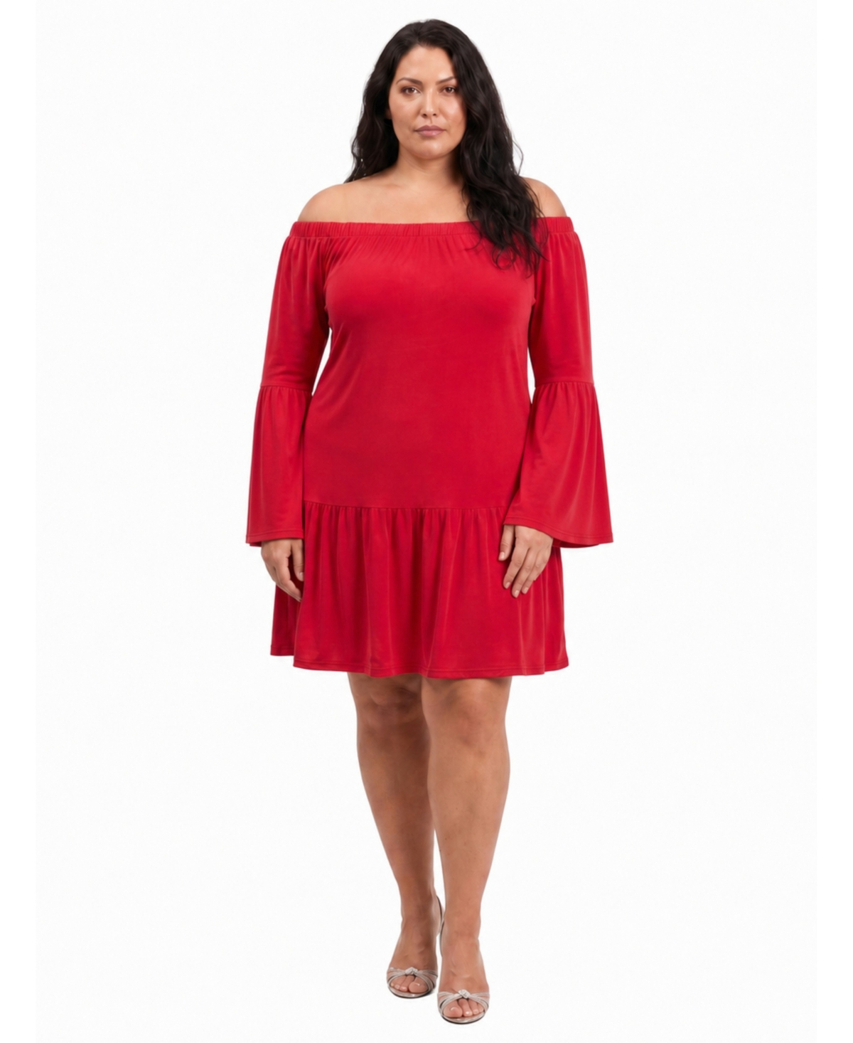 24seven Comfort Apparel Plus Size Off-the-Shoulder Long-Sleeve Bell-Sleeve Mini Dress - Red