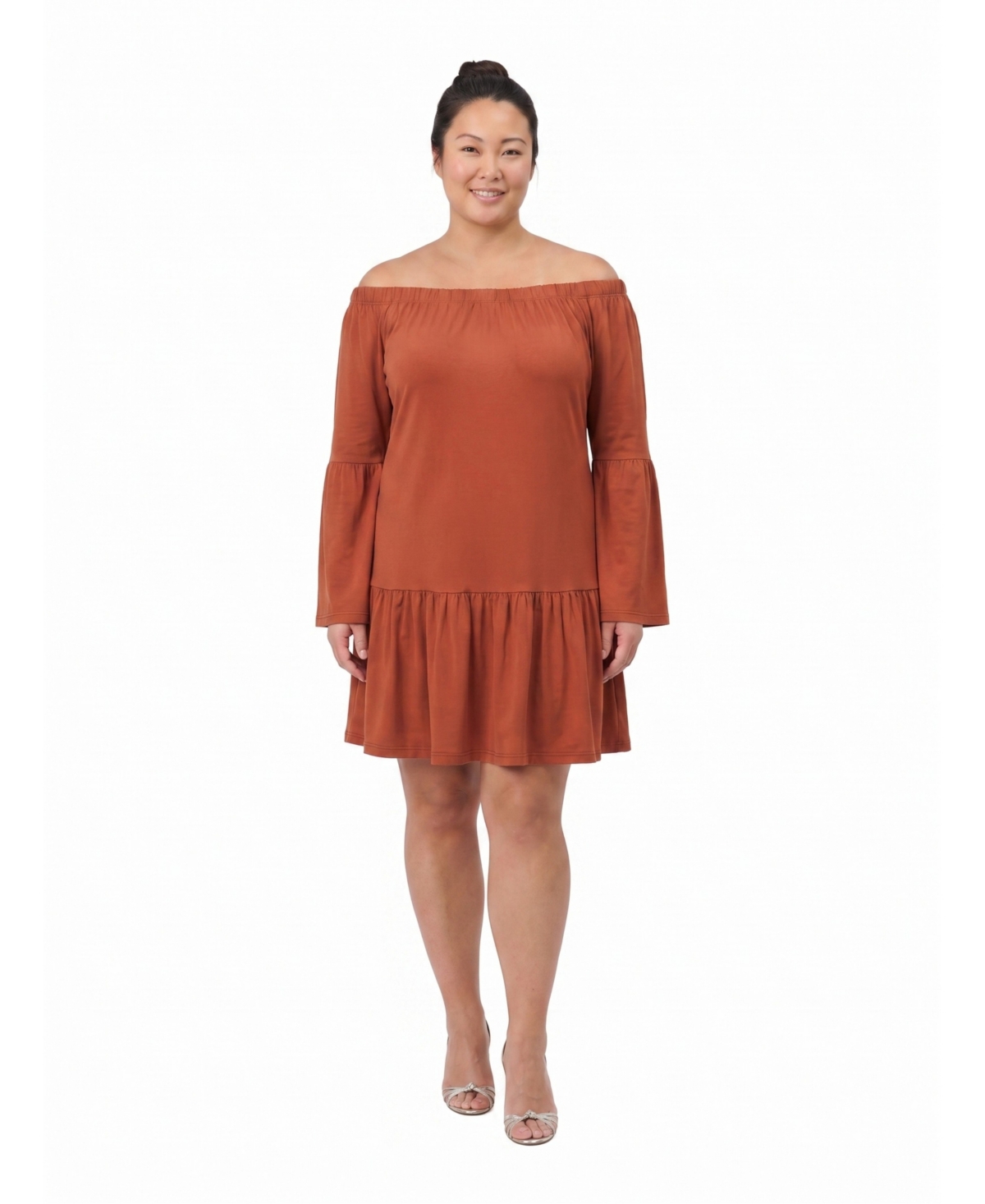 24seven Comfort Apparel Plus Size Off-the-Shoulder Long-Sleeve Bell-Sleeve Mini Dress - Tobacco