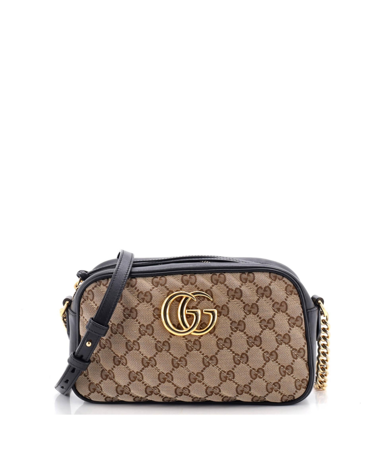 Pre-Owned Gucci Small Gg Marmont Shoulder Bag Diagonal Quilted Gg Canvas with Leather - Black