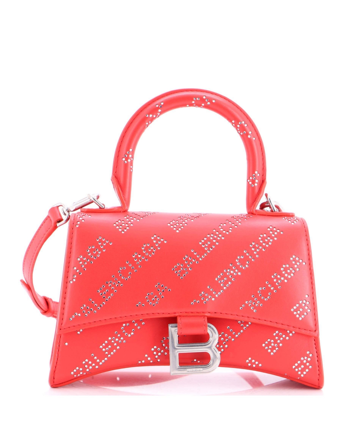 Pre-Owned Balenciaga Xs Hourglass Top Handle Bag Leather with Allover Logo Crystals - Red