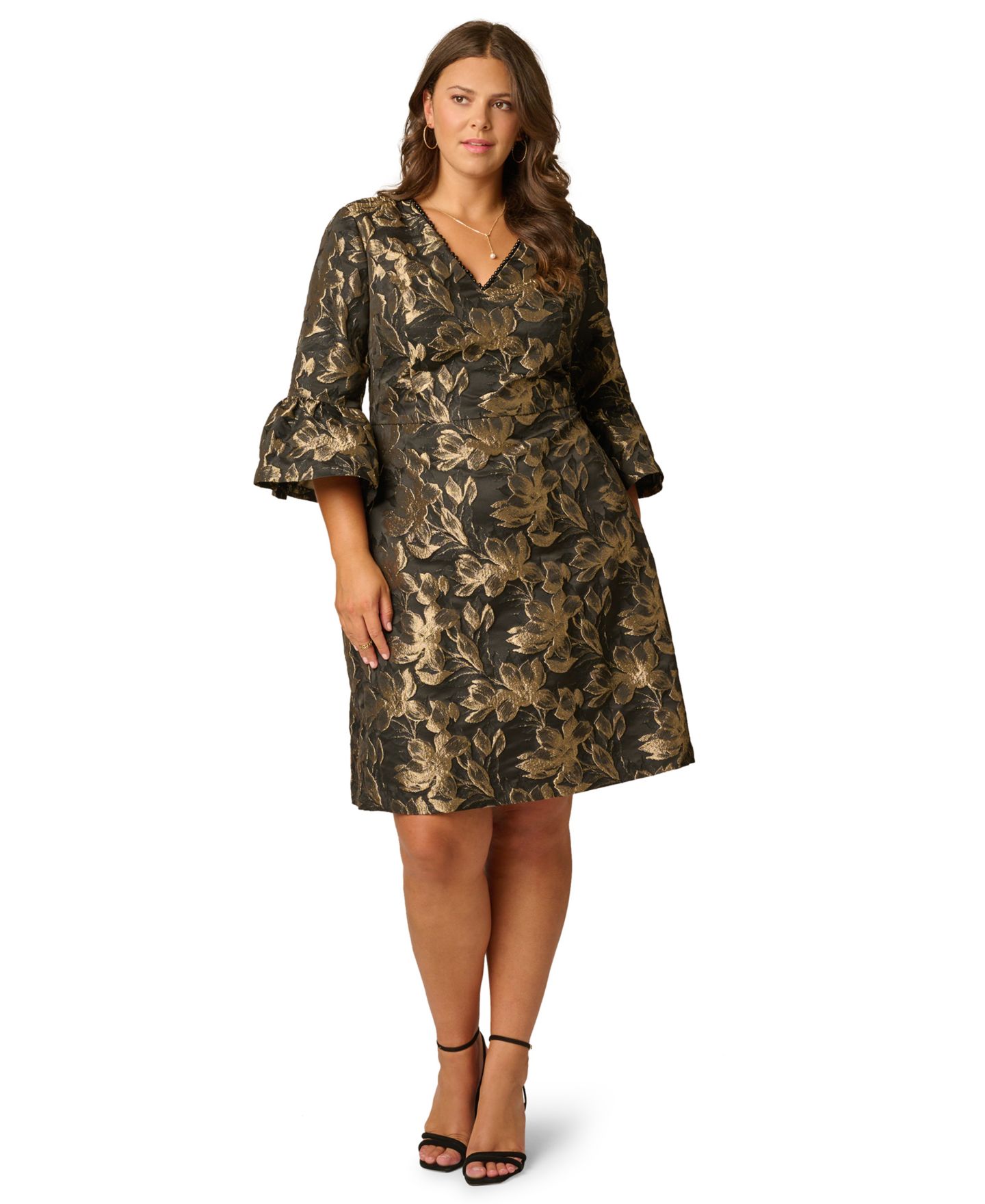Женское платье Adrianna Papell Plus Size Floral-Print V-Neck 3/4-Sleeve, цвет: Чёрный / Золотой — фото 2