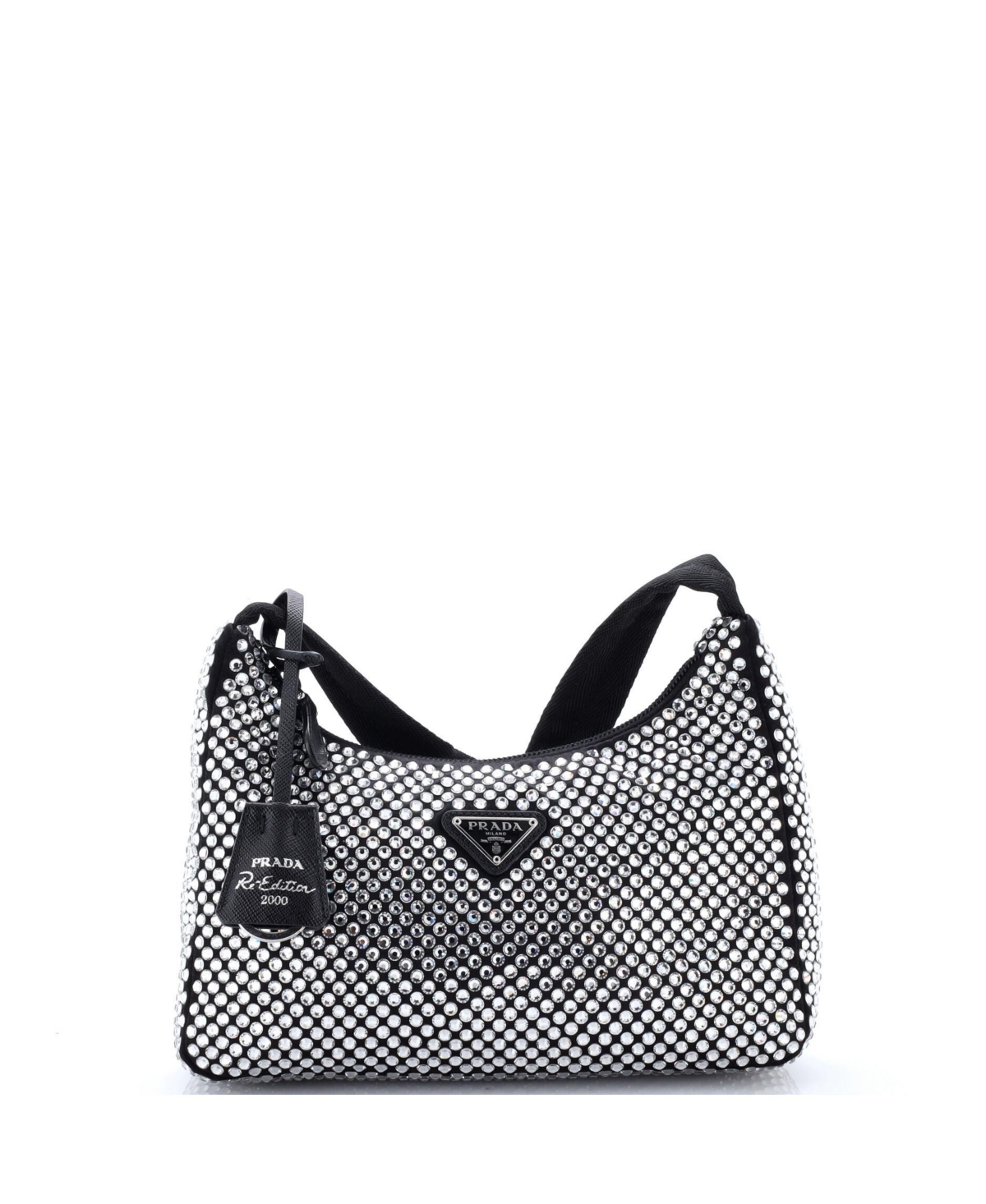 Pre-Owned Prada Mini Re-Edition 2000 Hobo Crystal Embellished Satin - Black
