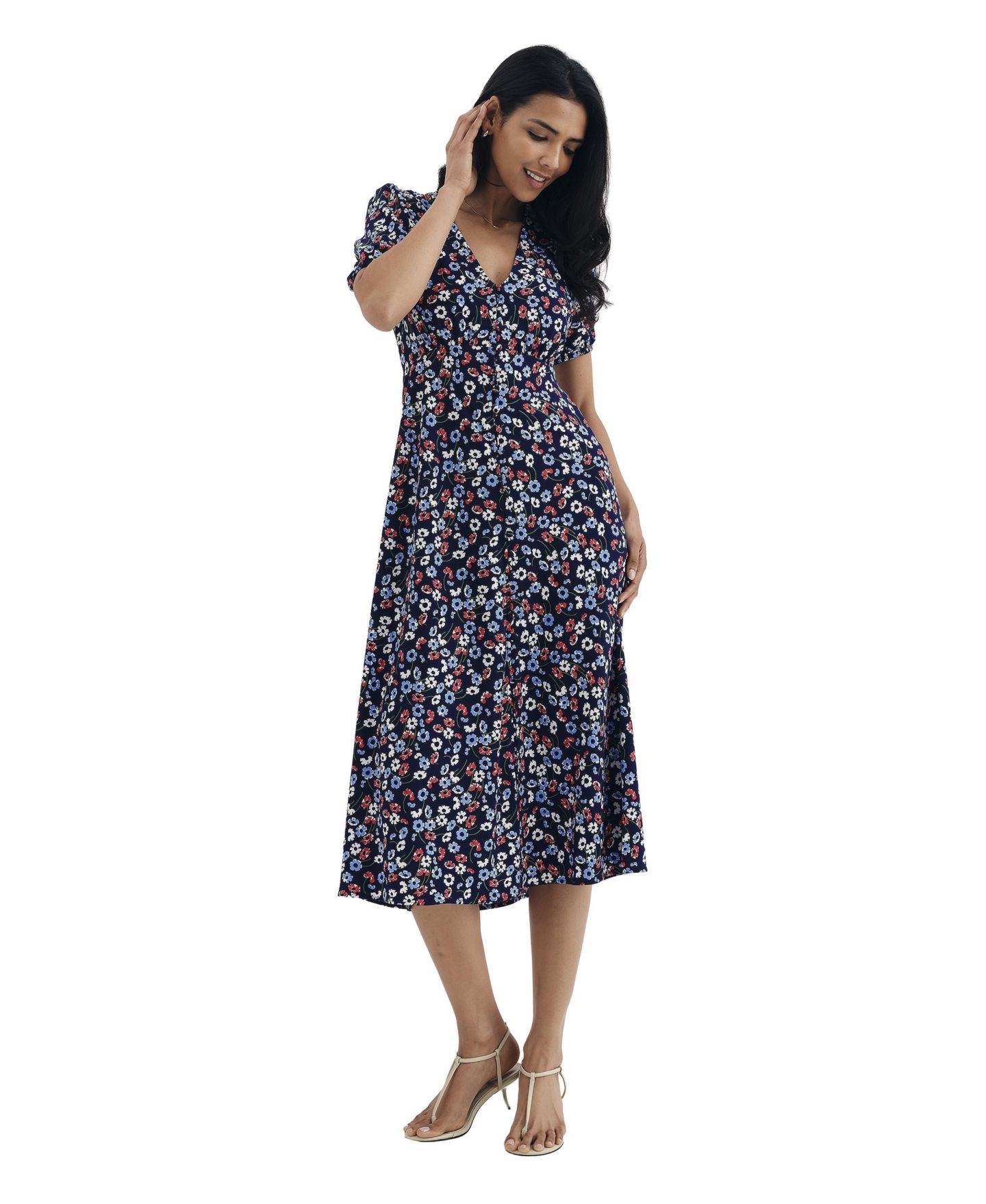 Женское платье Finery London Robyn Floral-Print A-Line Empire-Waist Midi, цвет: Тёмно-синий — фото 2