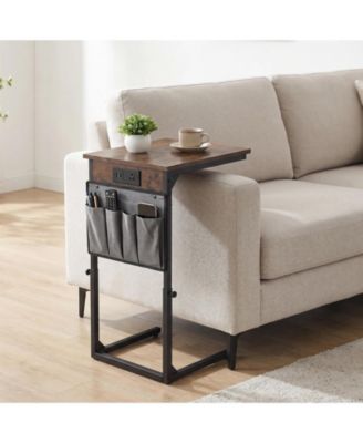 C-Shaped End Table with Charging Station and Hanging Organizer, Adjustable Height Side Table