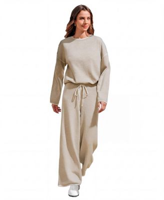 Women's Knit Lounge Crew Neck Top and Wide Leg Pants, 2-Piece Set