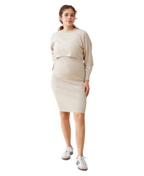 Женские платья Ingrid + Isabel Maternity Bodycon V-Neck Knit Dress and Sweater, 2-Piece Set, цвет: Песочный