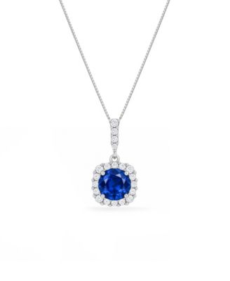 Sterling Silver Cubic Zirconia Round Blue Cushion Pendant Necklace