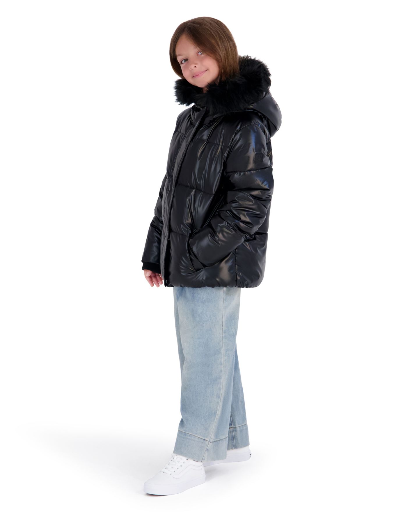 Куртка Steve Madden Liquid Fashion Hooded Puffer with Faux-Fur Trim для девочек, цвет: Чёрный — фото 2