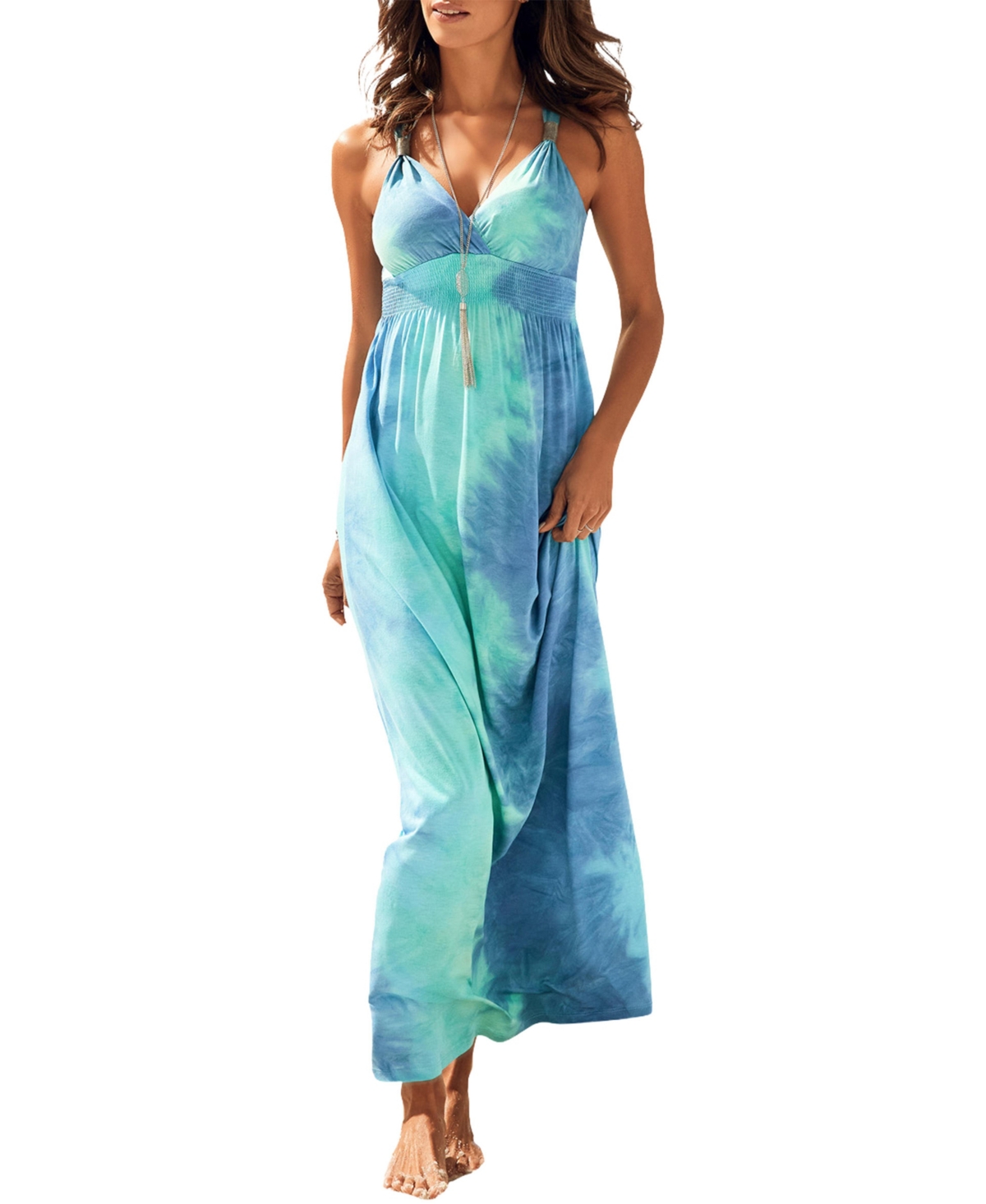 Lascana Women's Printed Empire-Waist Sleeveless Maxi Dress - Light blue  white