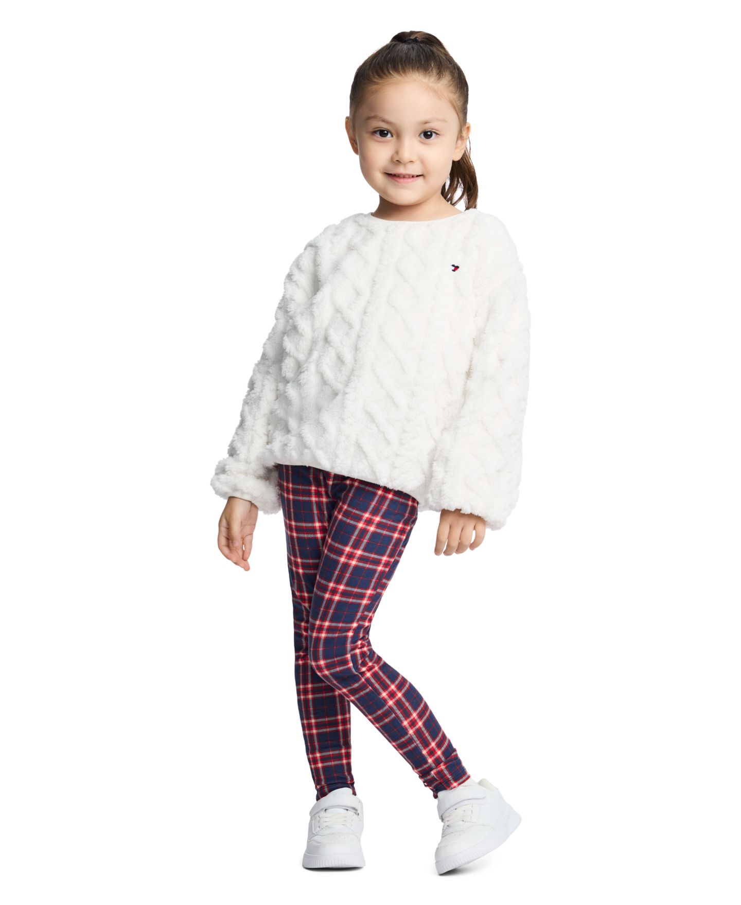 Tommy Hilfiger Toddler and Little Girls' 2T-6X Sherpa Cable-Knit Plaid Top and Leggings, 2-Piece Set, цвет: Клетчатый — фото 1