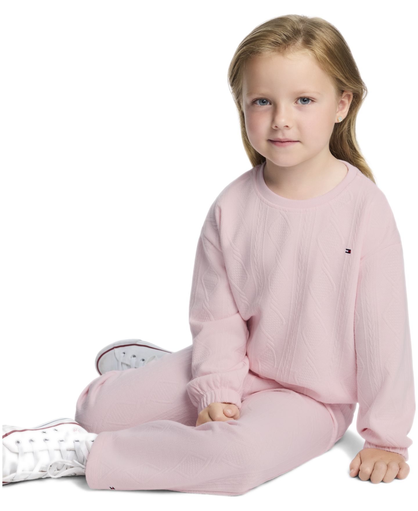 Tommy Hilfiger Toddler and Little Girls' 2T-6X Cable-Knit Long-Sleeve Crewneck Top and Wide-Leg Pants, 2-Piece Set, цвет: Розовый — фото 2