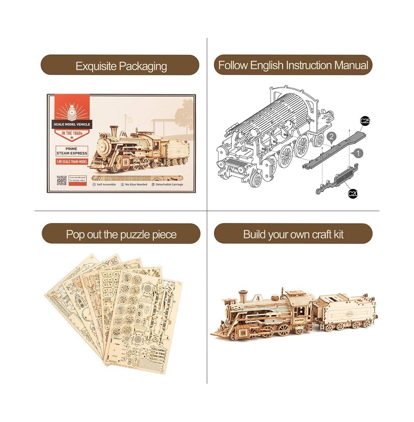 Детские конструкторы Robotime 3D Wooden Puzzle MC501 Steam Express Adults Train Model Kits-Brain Teaser Puzzles Vehicle Building Kits-Unique Gift for Teens on Birthday Day — фото 3