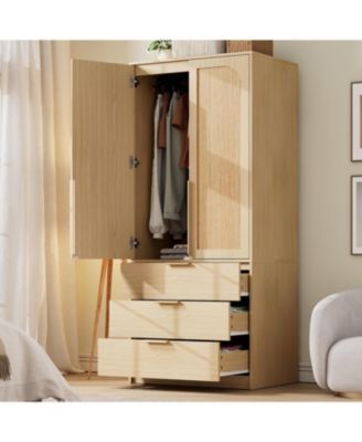 Armoire Wardrobe Closet with 3 Drawers, 69.5" Wooden Wardrobe Cabinet, Hanging Rod, 2 Doors Clothing Storage Cabinet for Bedroom