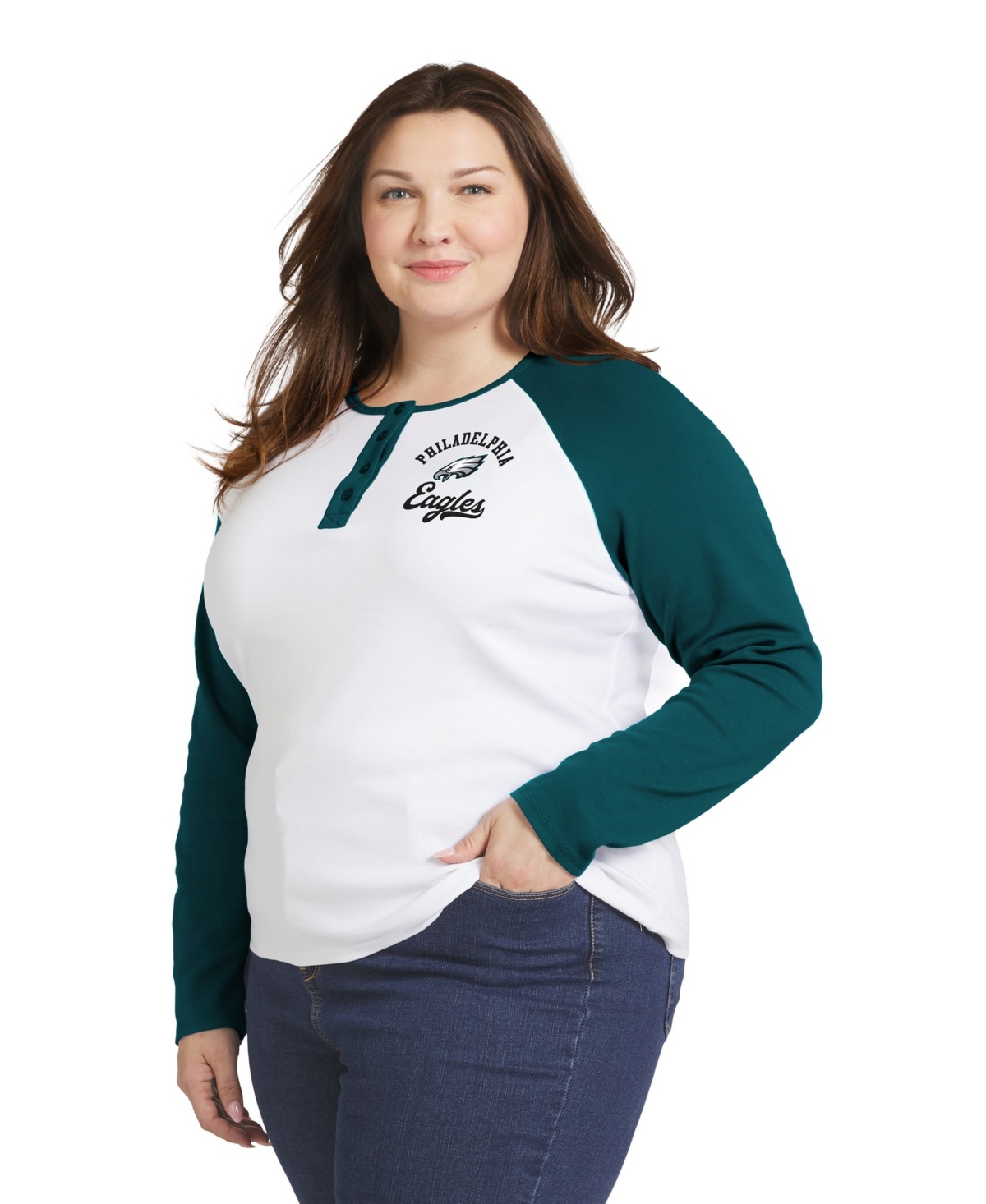 Women's WEAR by Erin Andrews  White/Midnight Green Philadelphia Eagles Plus Size Henley Long Sleeve Raglan T-Shirt