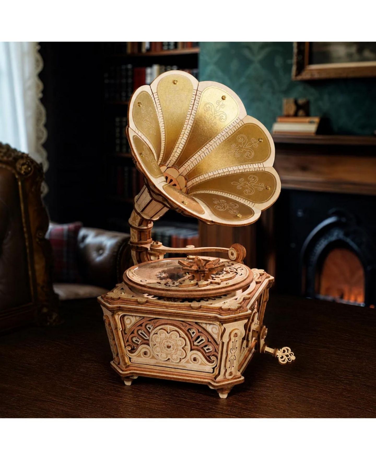 Детские конструкторы Robotime Vintage Gramophone 200-Piece 3D Wooden Puzzle Mechanical Music Box, Ages 14+ — фото 3