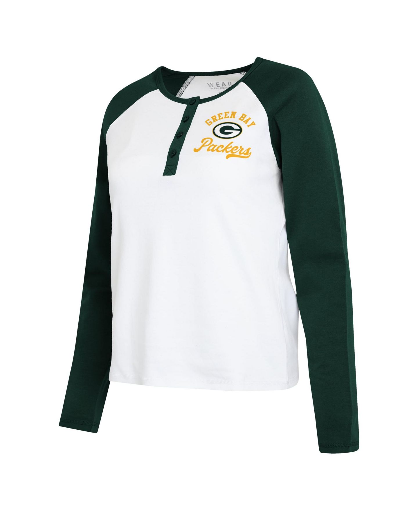 Женская футболка WEAR by Erin Andrews White/Green Green Bay Packers Henley Long Sleeve Raglan — фото 4