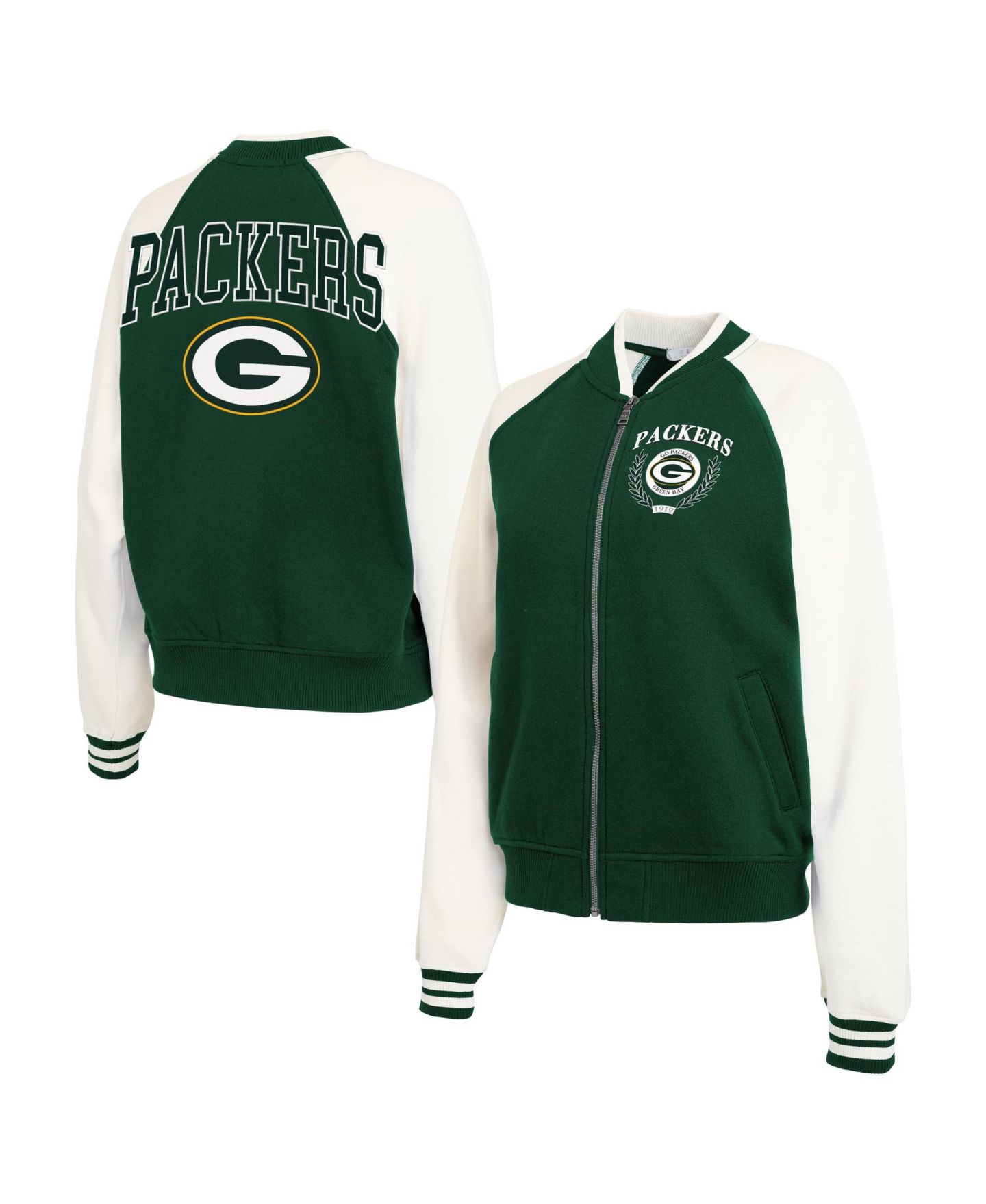 Женская куртка WEAR by Erin Andrews Green/White Green Bay Packers Throwback Plus Size Fleece Varsity Full-Zip — фото 1