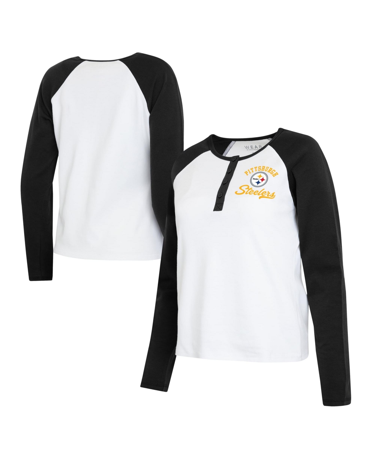 Women's WEAR by Erin Andrews  White/Black Pittsburgh Steelers Henley Long Sleeve Raglan T-Shirt