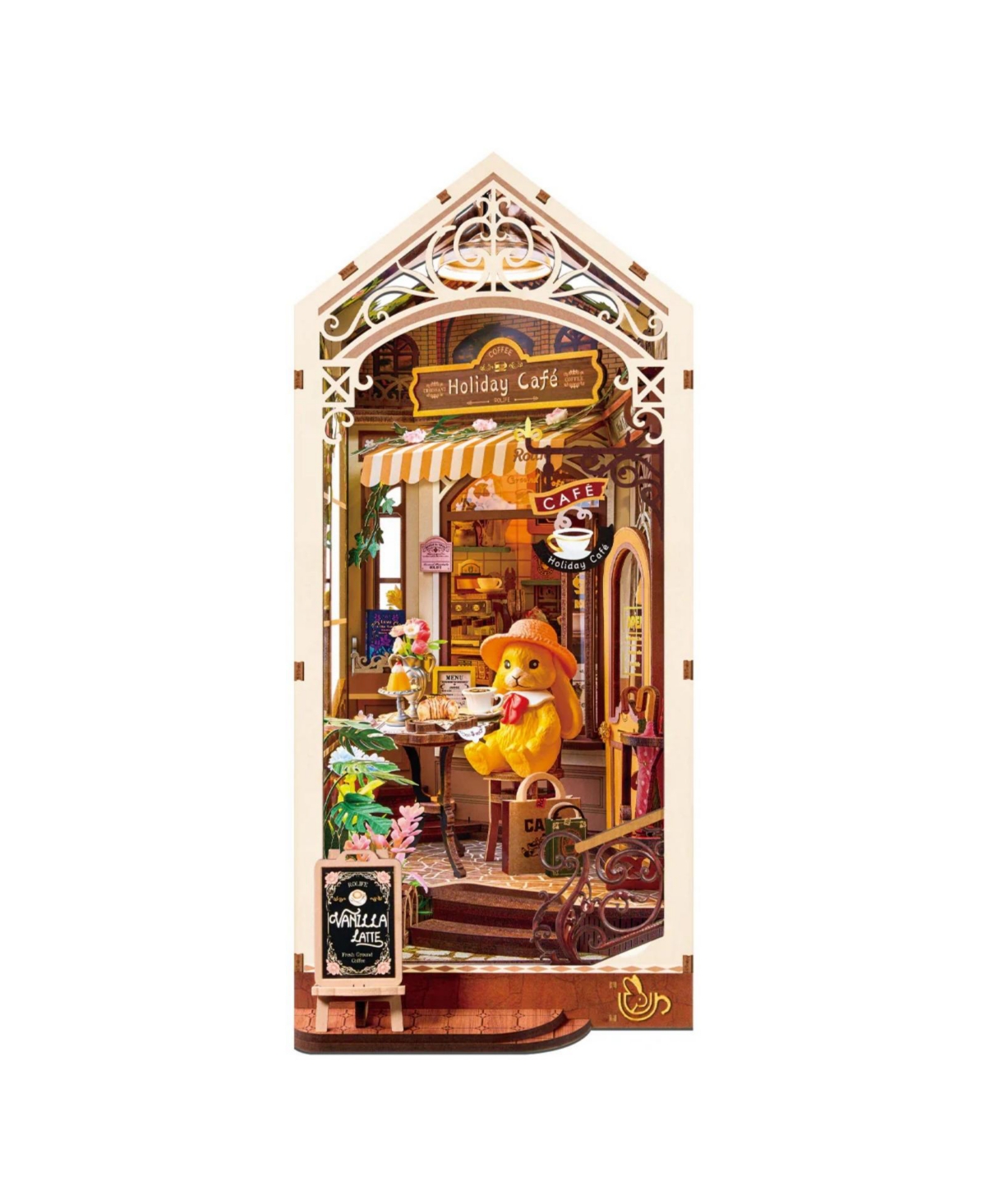 Robotime Holiday Cafe 171-Piece 3D Wooden Book Nook Puzzle, Dual Led Lighting, Ages 14+