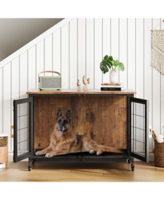 37.4 Inch Large Dog Crate Furniture, Heavy Duty Kennel with Wheels and Removable Base, Decorative Indoor Dog House for Living Room