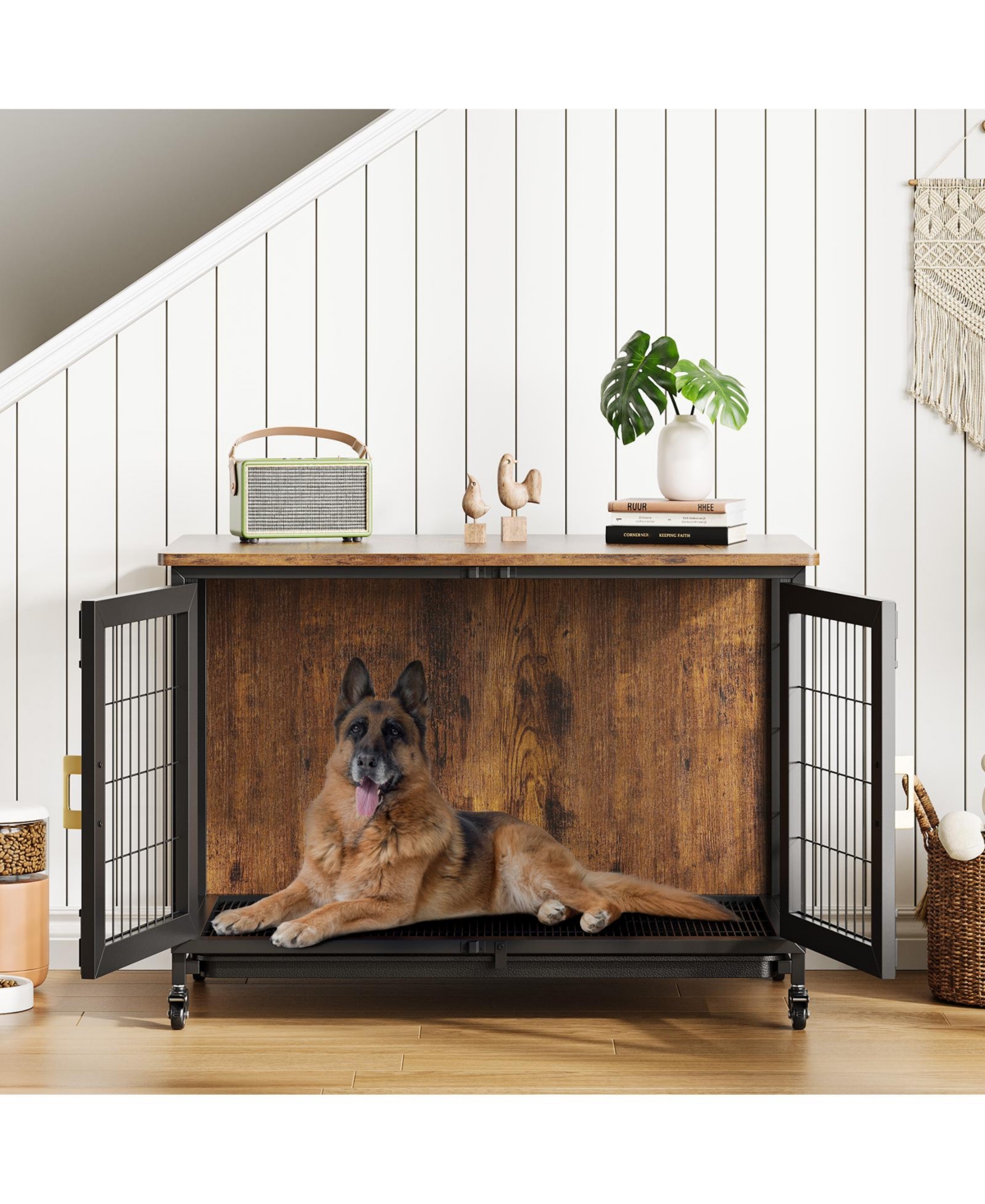 Lalfpet 37.4 Inch Large Dog Crate Furniture, Heavy Duty Kennel with Wheels and Removable Base, Decorative Indoor Dog House for Living Room
