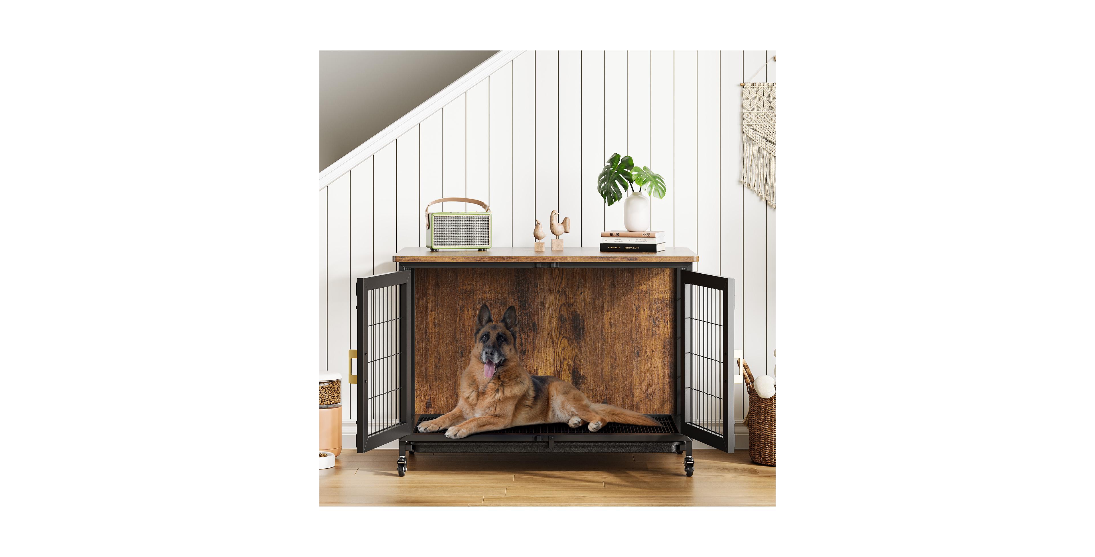 Lalfpet 37.4 Inch Large Dog Crate Furniture, Heavy Duty Kennel with Wheels and Removable Base, Decorative Indoor Dog House for Living Room