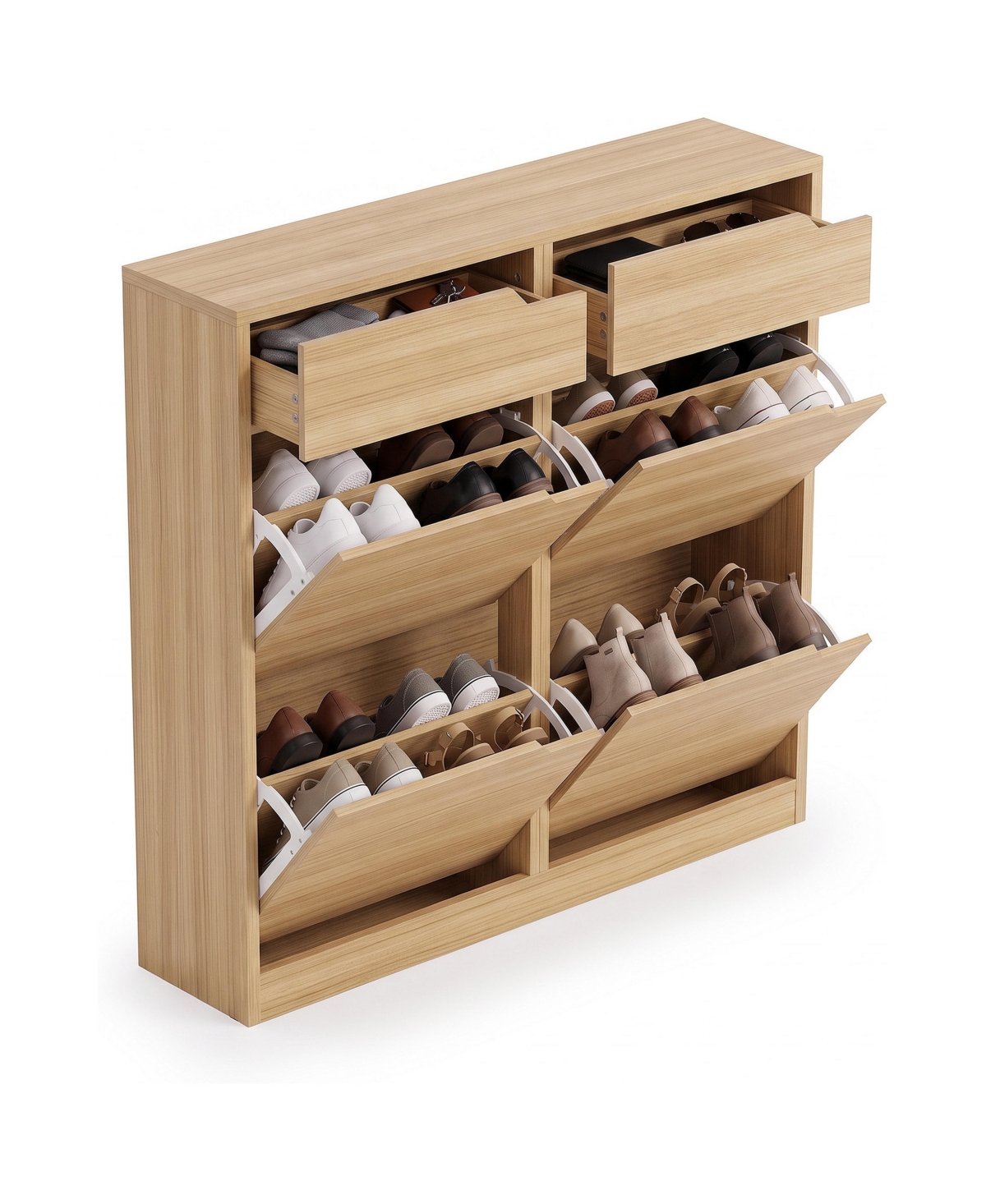 gaomon Modern Hidden Shoe Storage Cabinet, Slim Flip-Down Drawer Wooden Organizer for Entryway, Hallway, Small Space - Natural