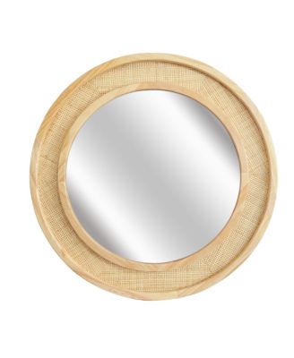 24 Inch Round Wall Mirror Solid Wood Frame Rattan Accent Farmhouse Rustic Wall Mounted Vanity Mirror Ornate Aesthetic Home Decor