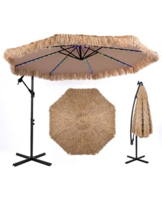10 FT Solar Thatched Cantilever Umbrella with 96 Color-Changing LED Lights and 12 Modes