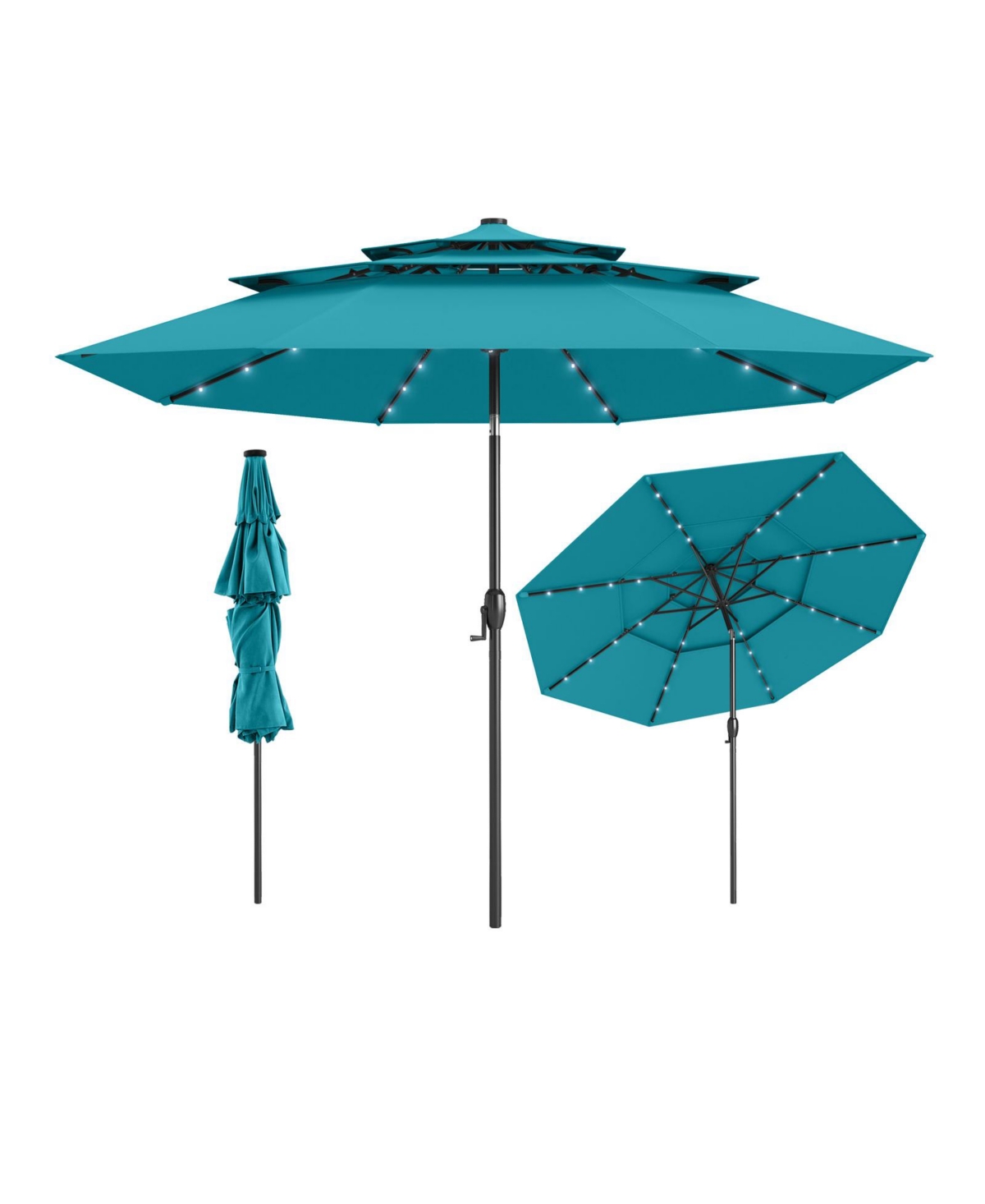 10 Feet Solar Patio Umbrella with 32 Led Lights and 3-Tier Vented Top - Turquoise/aqua
