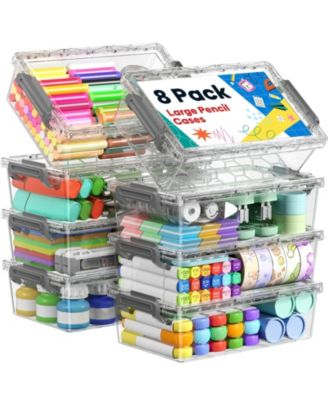 8 Pack Clear Plastic Pencil Box Set Stackable Art Supply Organizer with Snap Lid