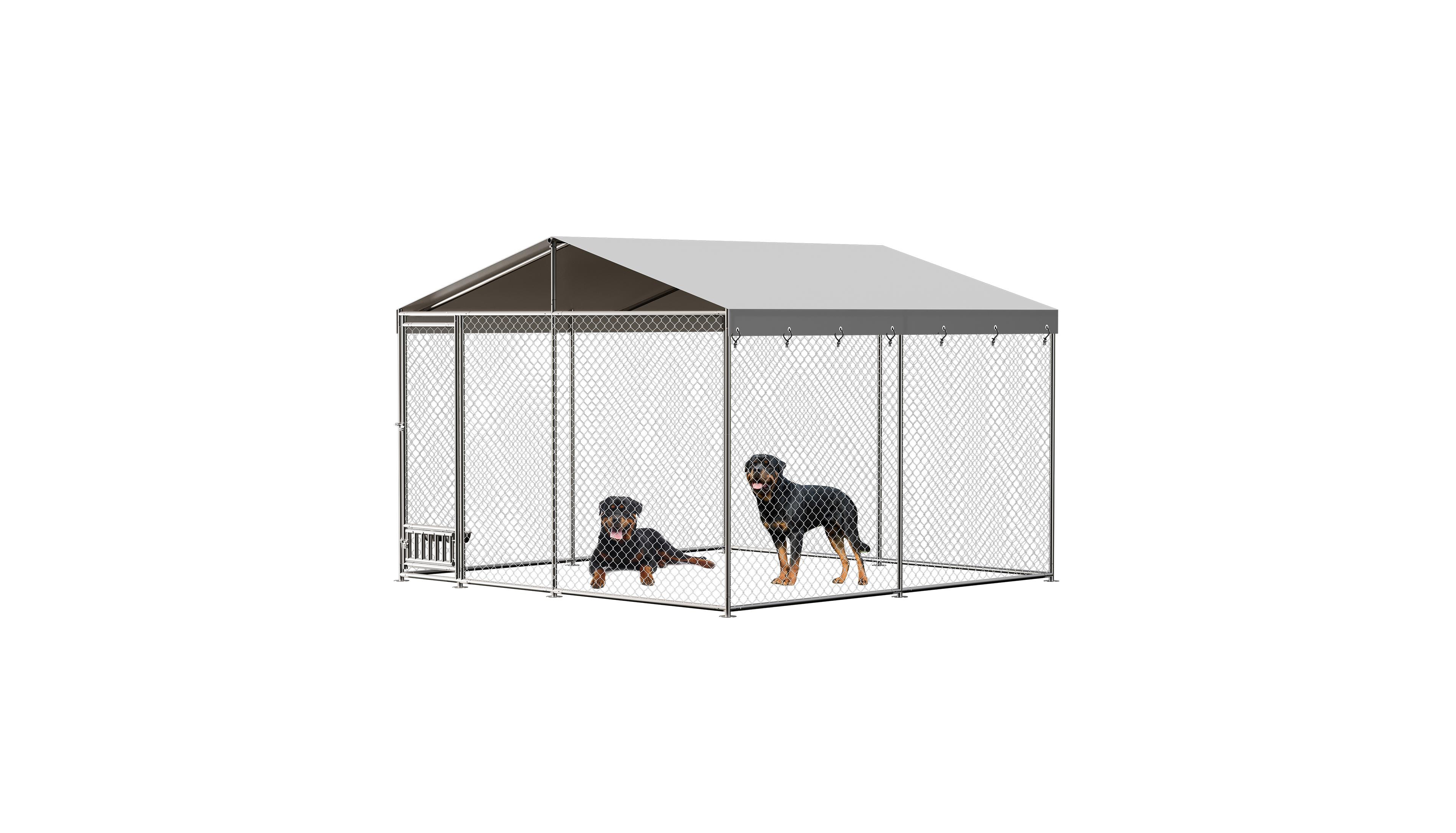 Lalfpet Outdoor Dog Kennel, Heavy Duty Chain Link Dog Run with Waterproof Cover Roof and Lockable Door, 10x10x7 Ft