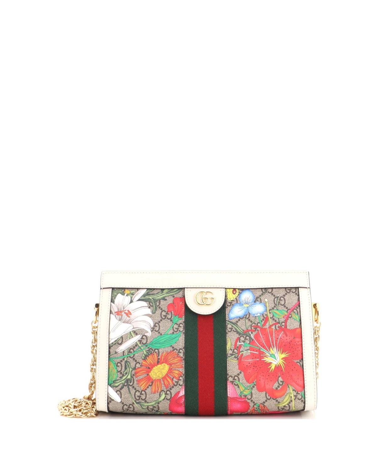 Pre-Owned Gucci Small Ophidia Chain Shoulder Bag Flora Gg Coated Canvas - White