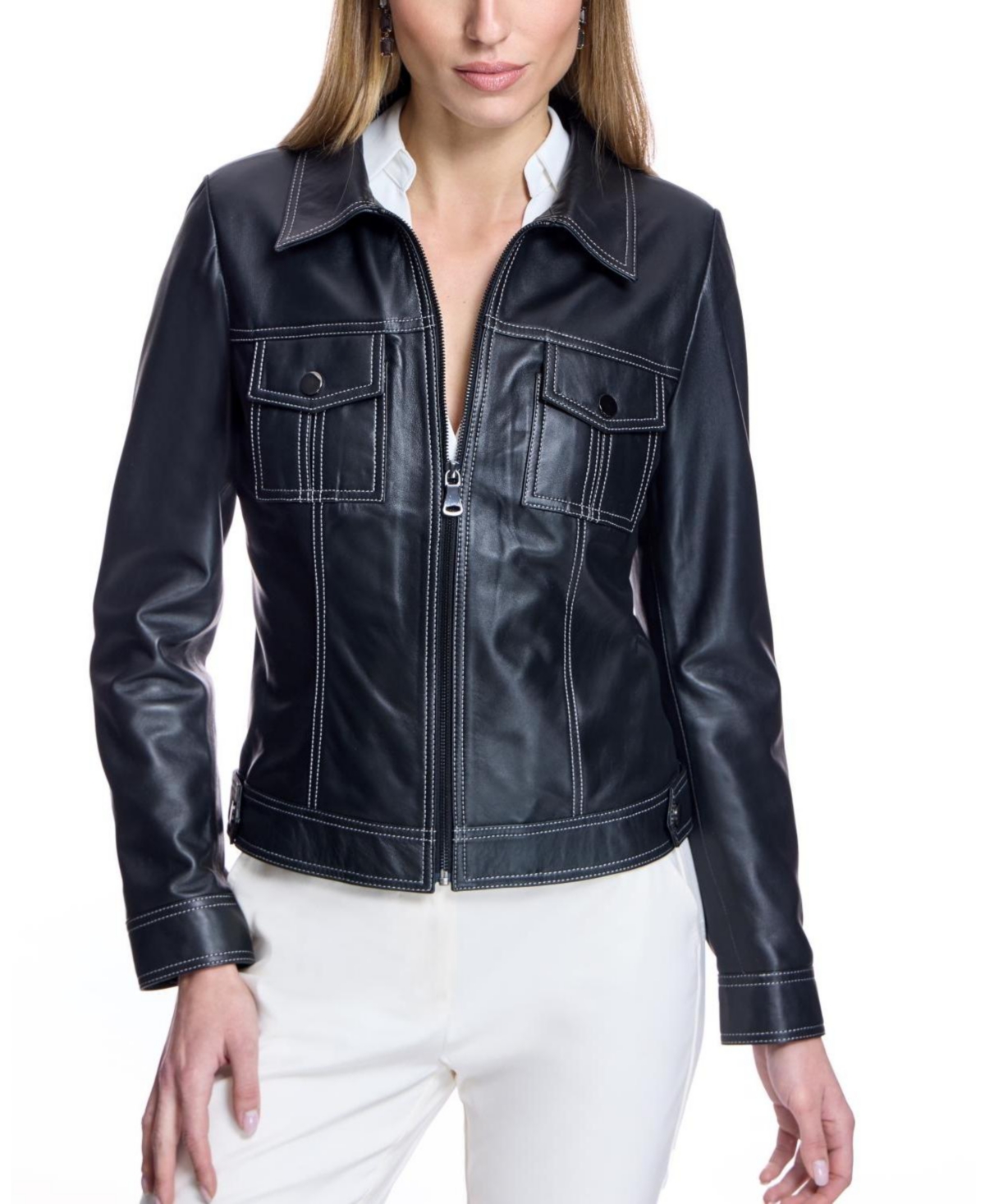 Julia & Stella by Maximilian Women's Contrast-Stitching Shearling Lamb Jacket