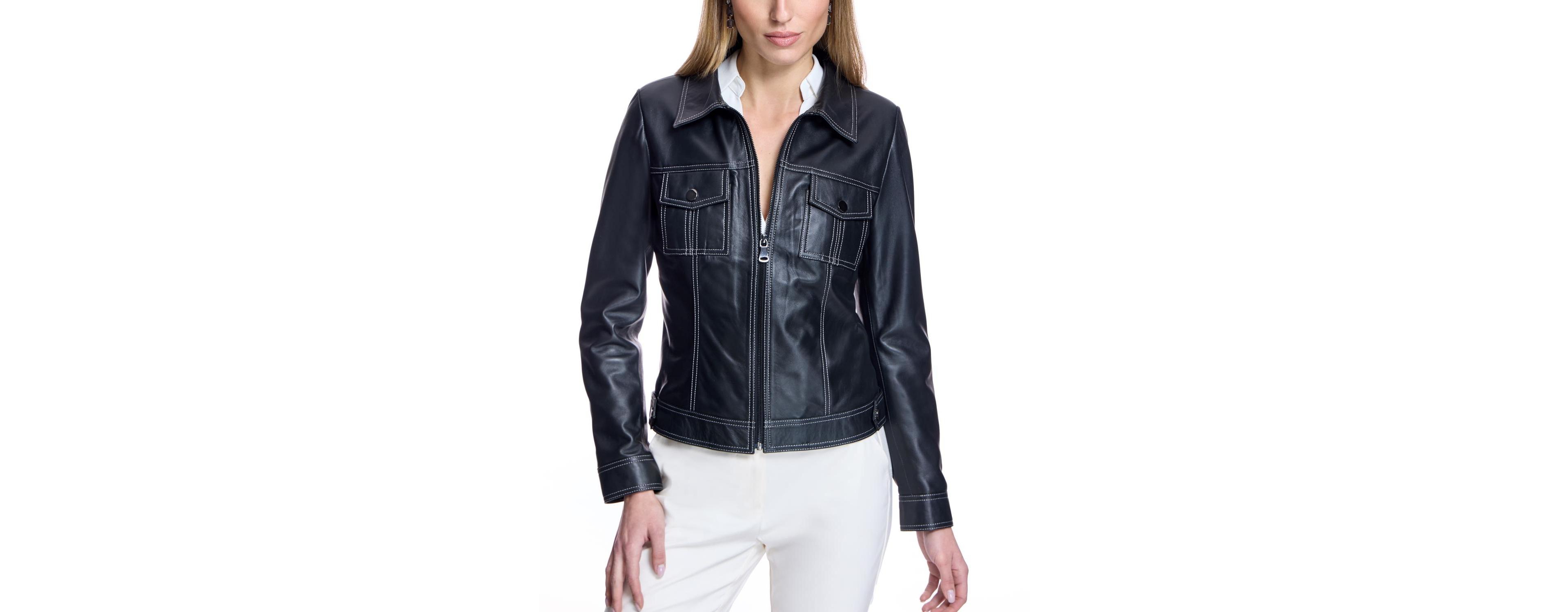 Julia & Stella by Maximilian Women's Contrast-Stitching Shearling Lamb Jacket