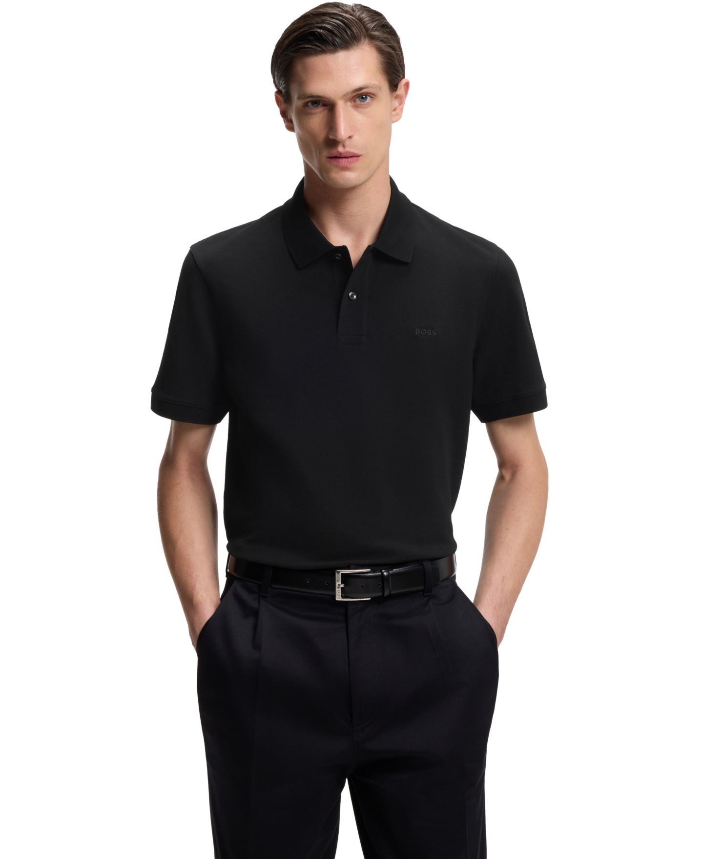 Мужское поло Hugo Boss Cotton Piqué Pallas Regular-Fit Polo Shirt, цвет: Чёрный — фото 1