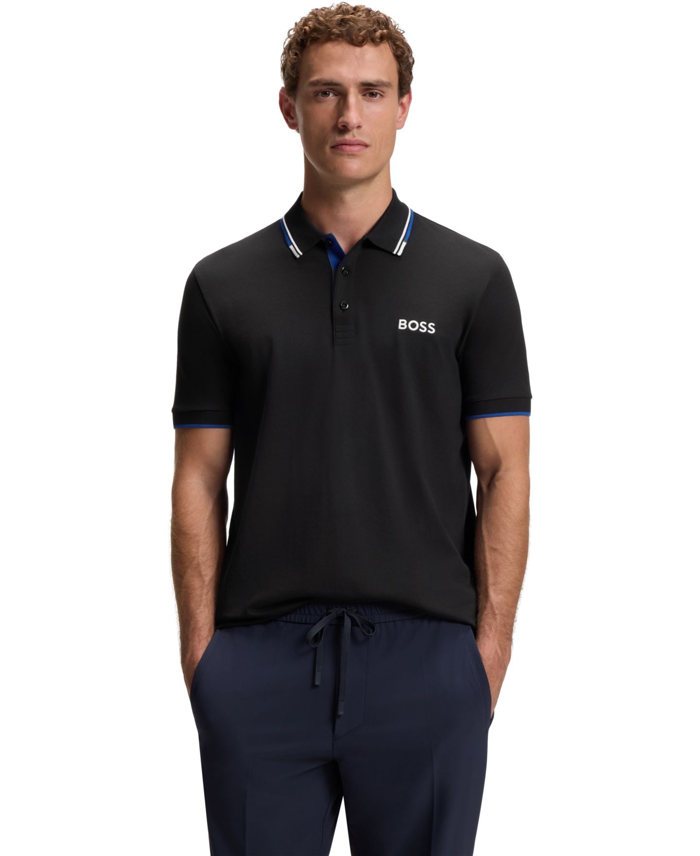 Мужское поло Hugo Boss Cotton-Blend Polo Shirt, цвет: Тёмный синий — фото 1