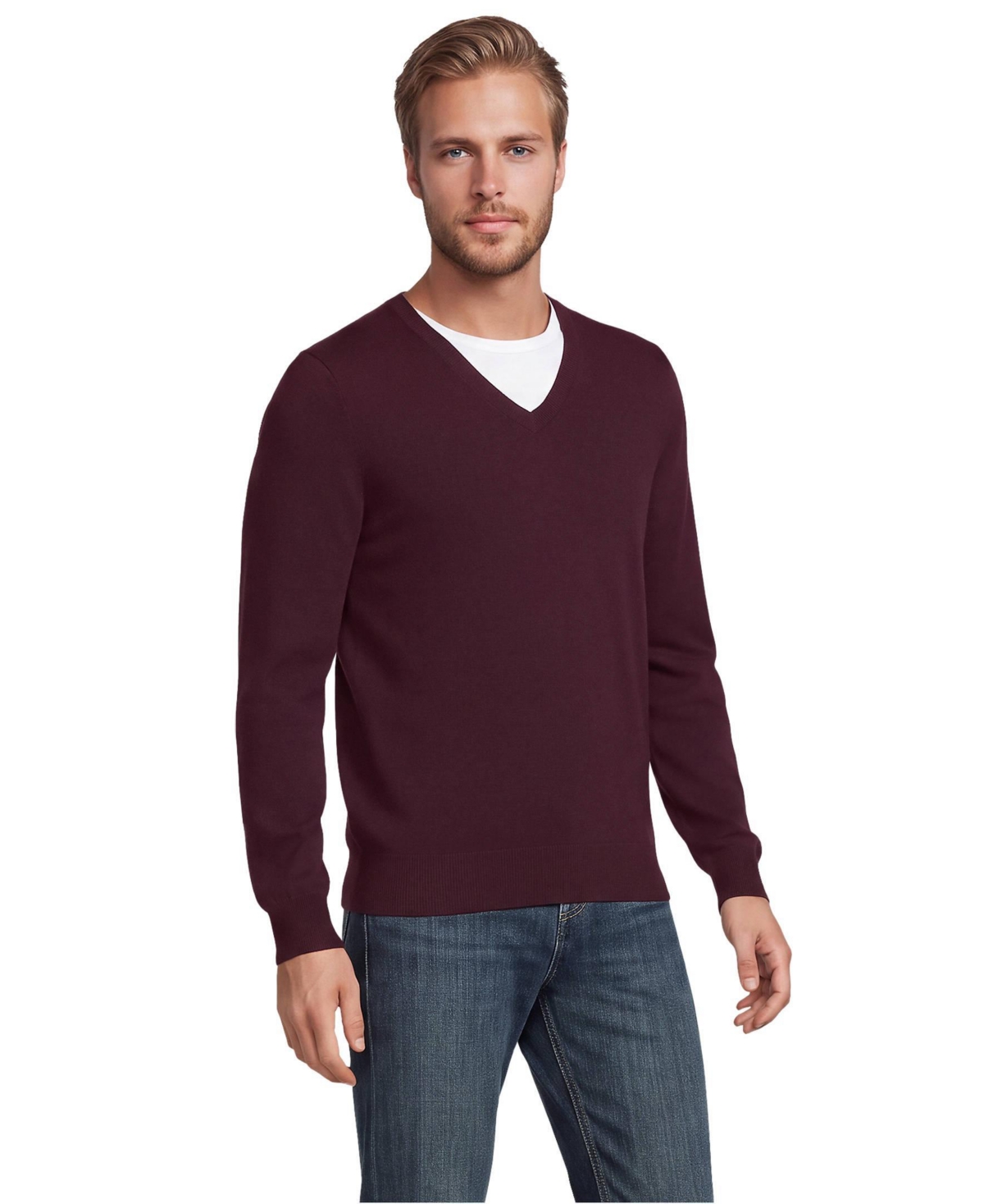 Lands' End Men's Fine Gauge Cotton V Neck Sweater - Lush burgundy