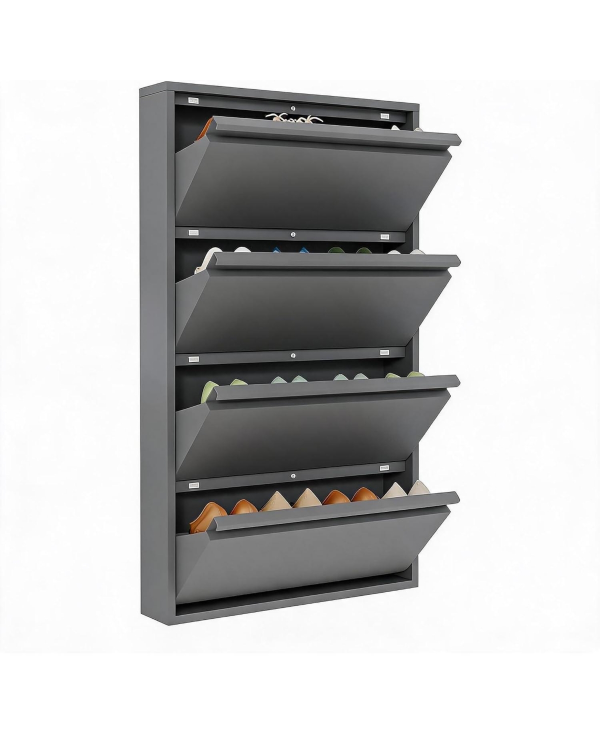 Gaomon Slim Metal Shoe Cabinet with 4 Reverse Drawers, Narrow Shoe Storage Cabinet for Entryway/Hallway, Wall Mounted or Freestanding - Grey