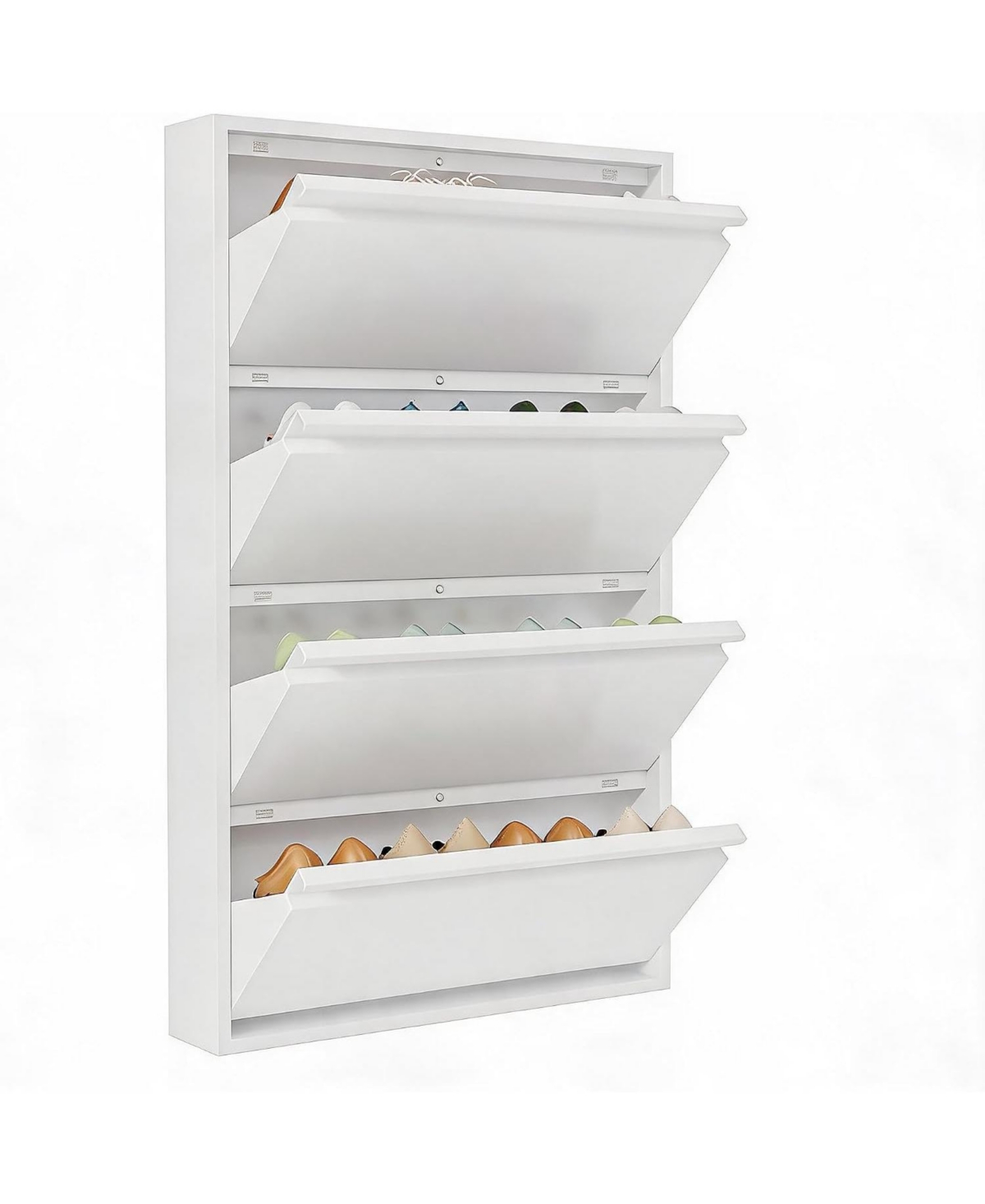 Gaomon Slim Metal Shoe Cabinet with 4 Reverse Drawers, Narrow Shoe Storage Cabinet for Entryway/Hallway, Wall Mounted or Freestanding - White