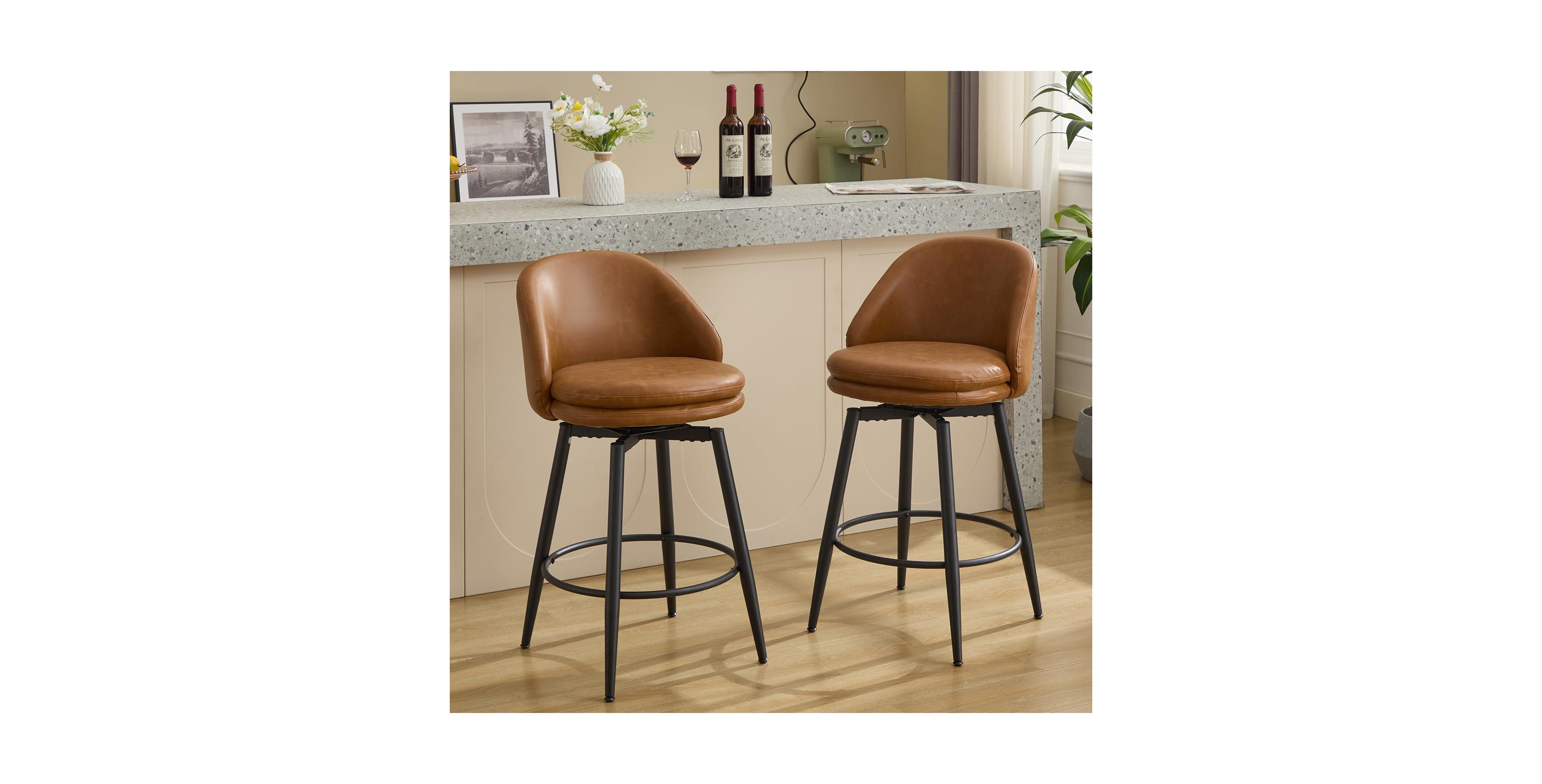 homfan Modern Swivel Counter Height Bar Stools Set of 2 26 Inch Upholstered Backrest Metal Legs for Kitchen Island Dining Area