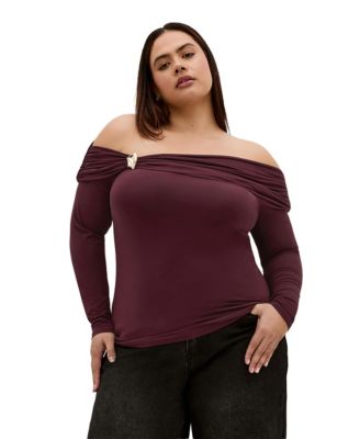 Women's Buckle Off Shoulder Long Sleeve Top
