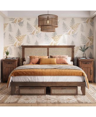 Rattan Platform Bed Frame with LED Lights and Storage Headboard and 2 Farmhouse Charging End Tables - Solid Wood, Walnut, No Box Spring Needed