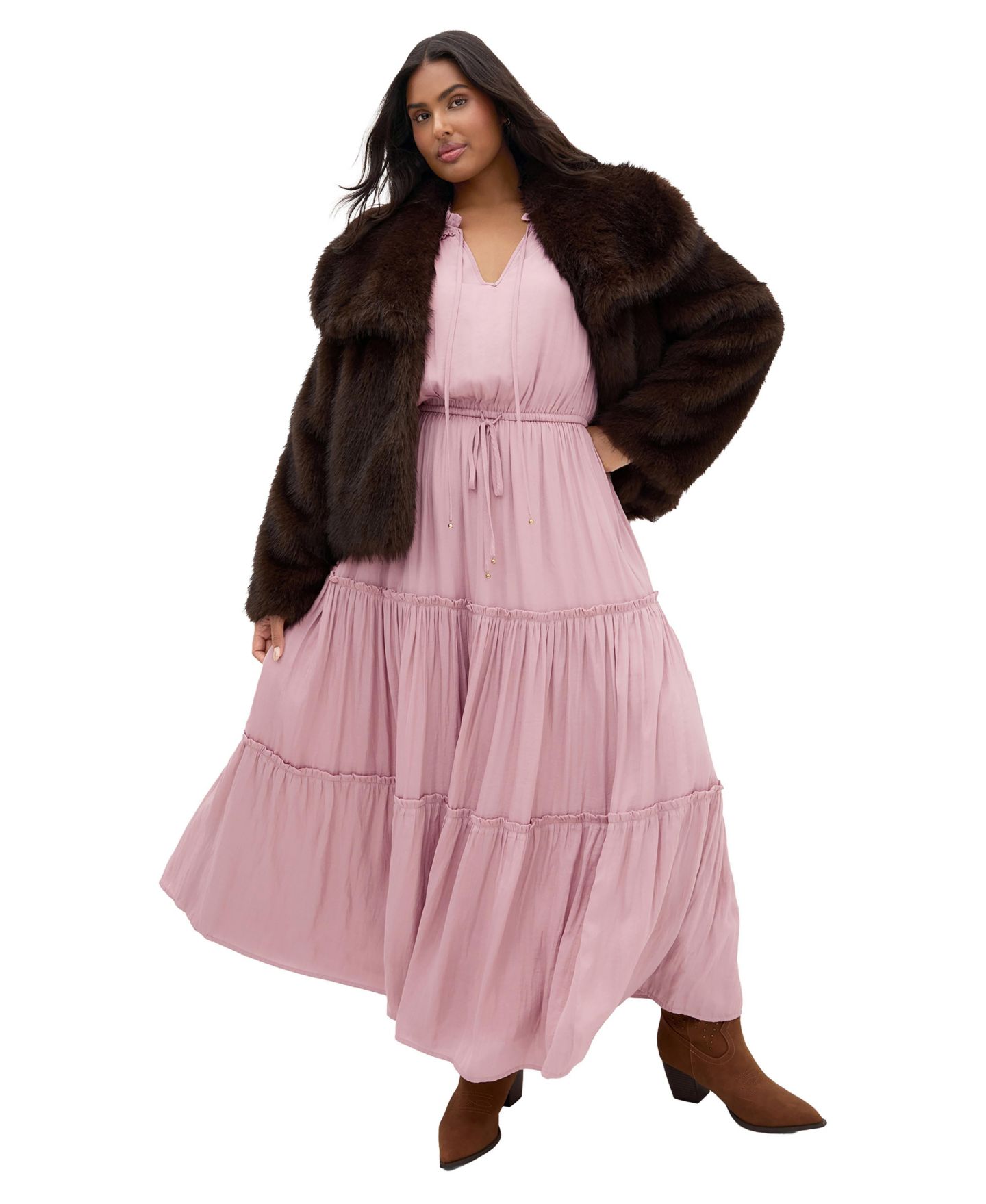 Женское платье CITY CHIC Plus Size Drama Queen Boho Tiered Long Sleeve Maxi, цвет: Пыльный розовый — фото 3