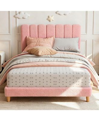 Velvet Upholstered Platform Bed Frame for Kids Full Size with Crystal Tufted Headboard and Wood Slats