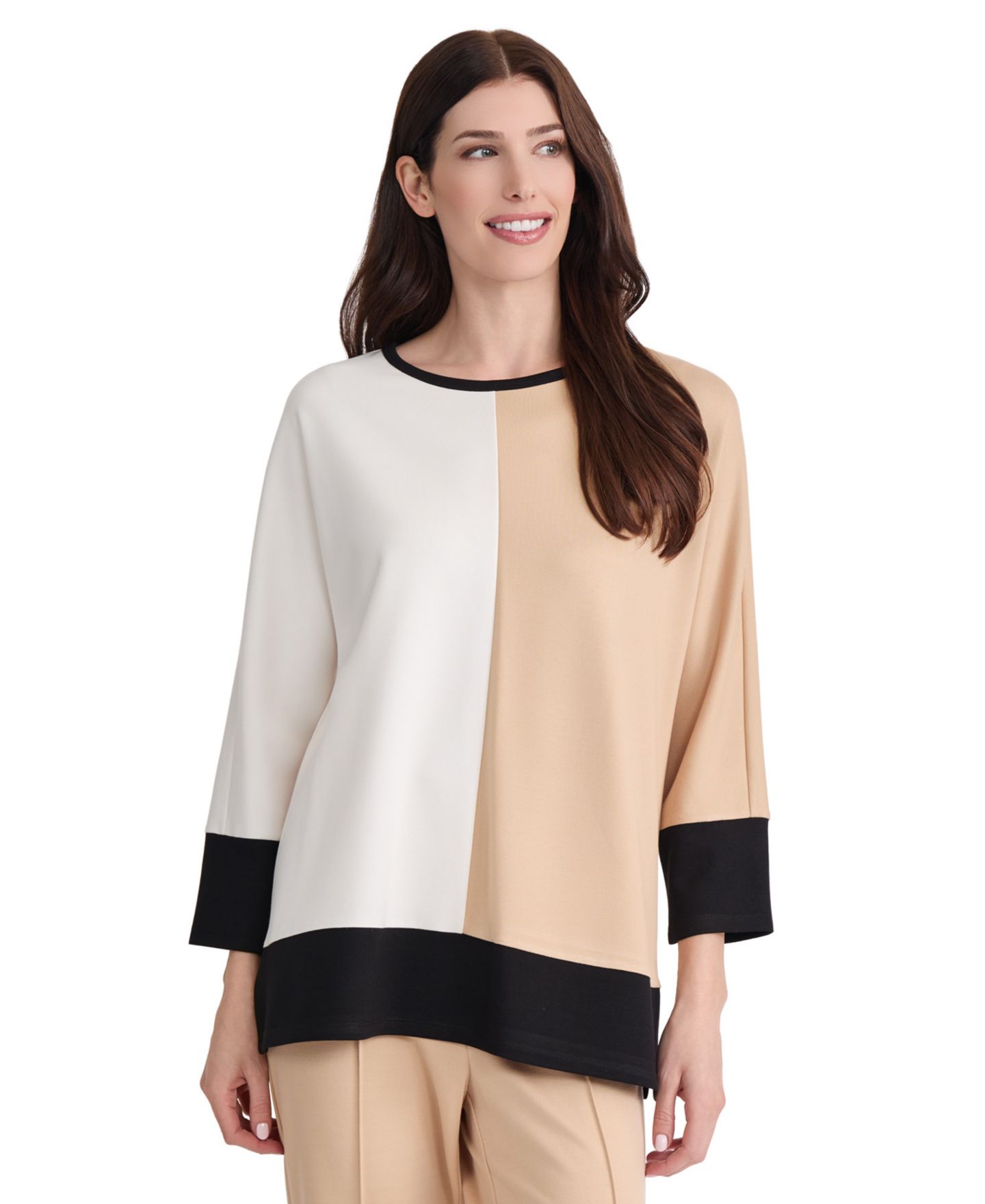 Женский топ Jones New York Colorblock Dolman, цвет: Чёрный / Белый песочный — фото 1