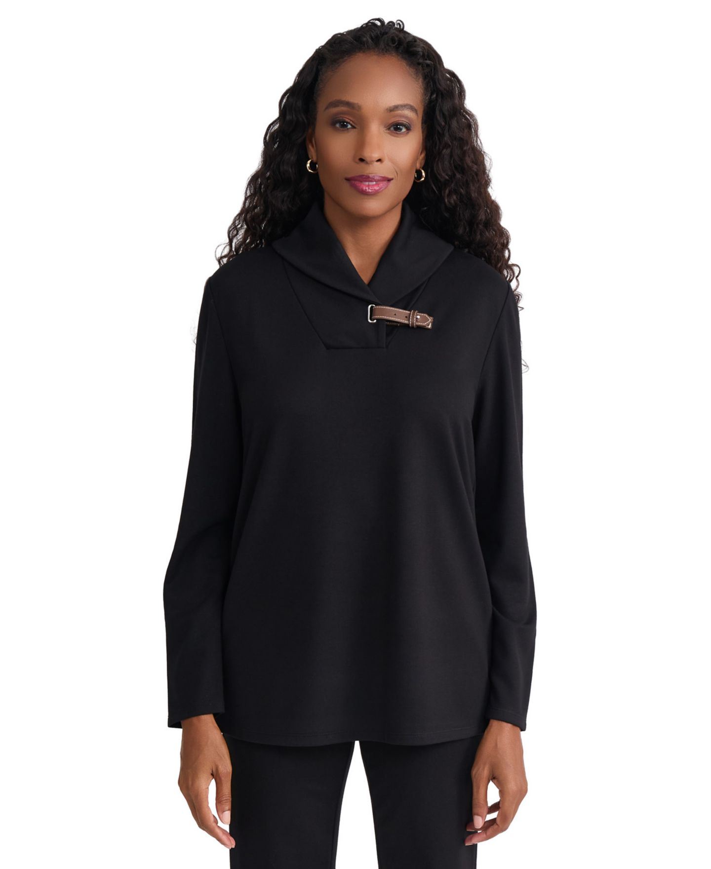 Женский свитер Jones New York Mock-Neck Buckle Trim Long-Sleeve, цвет: Чёрный — фото 1